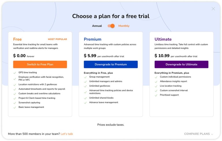 Pricing plans for free trial